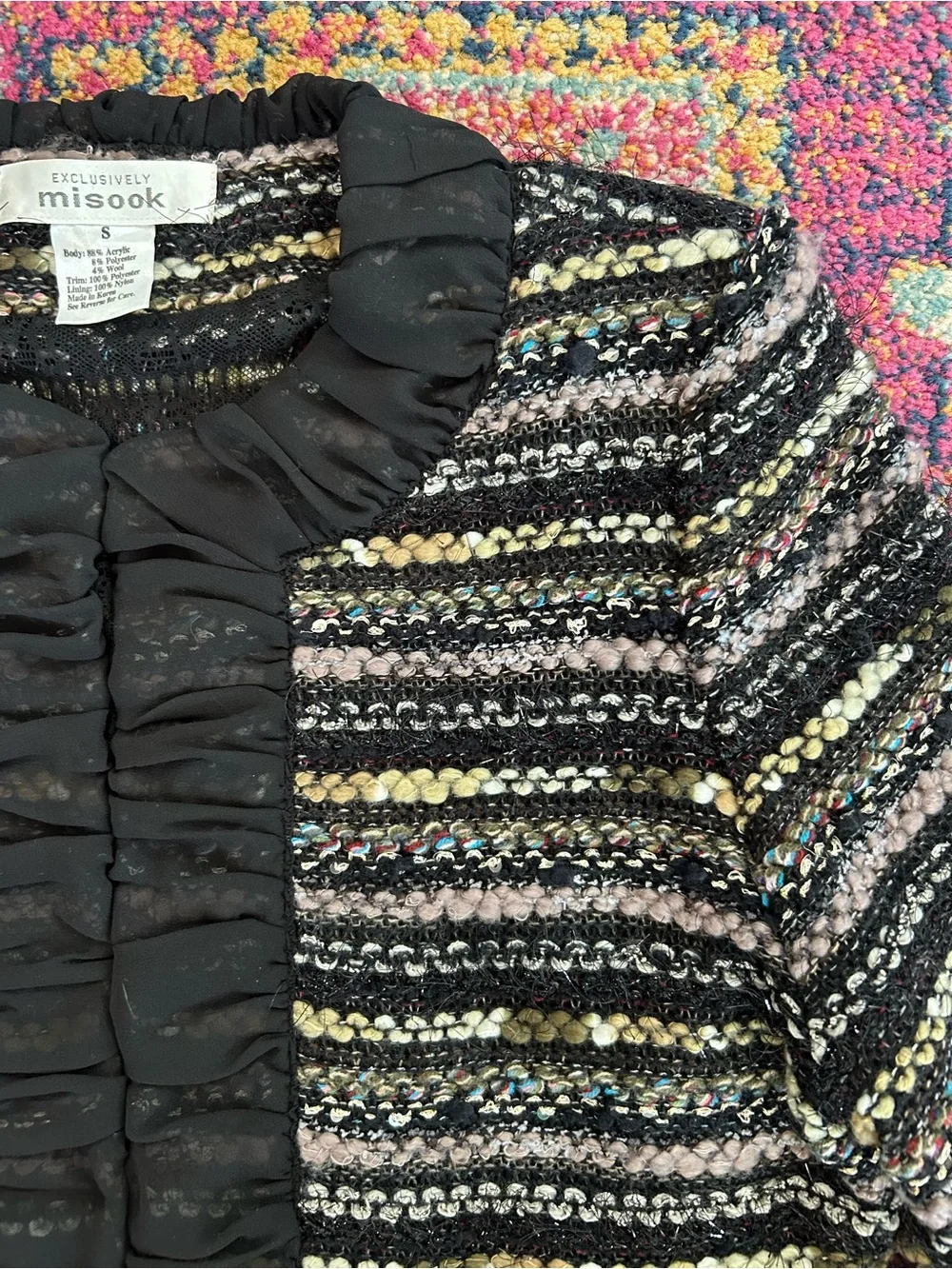 Misook | Women’s Black/Multi Knit Front Clasp Long Sleeve Collarless Blazer Sz S